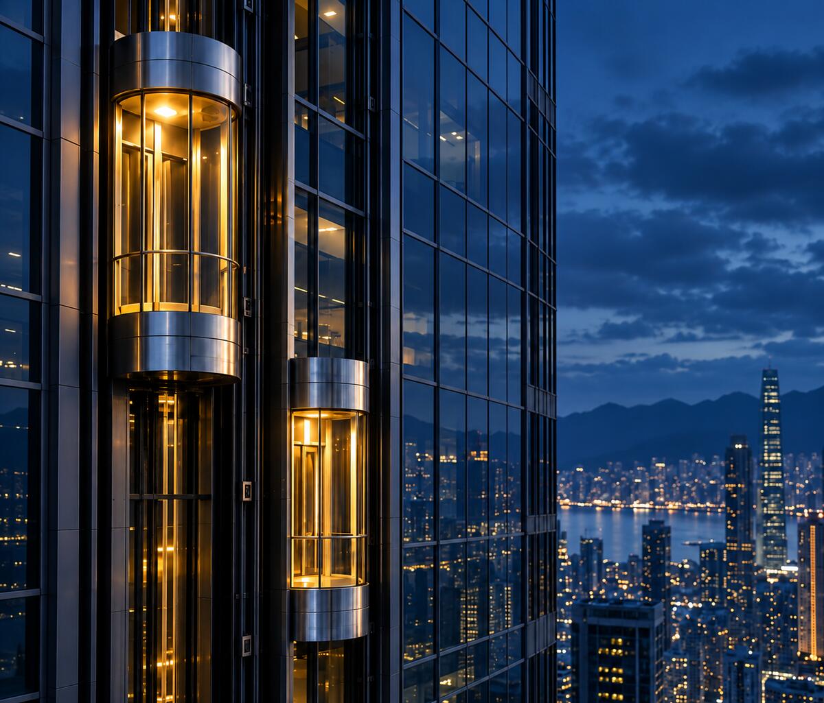 Glass tower at night with lit panoramic elevator cars above the city