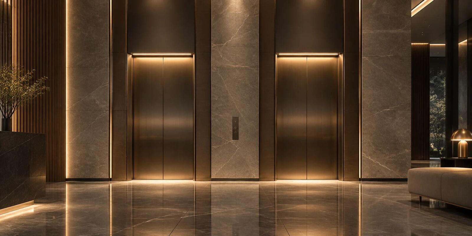 Hotel lobby at night with two bronze elevator doors and a polished stone floor