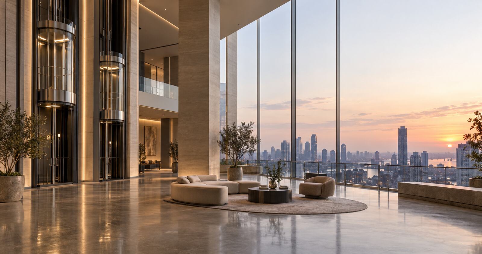 High-rise lobby with panoramic elevators and the city skyline at dusk