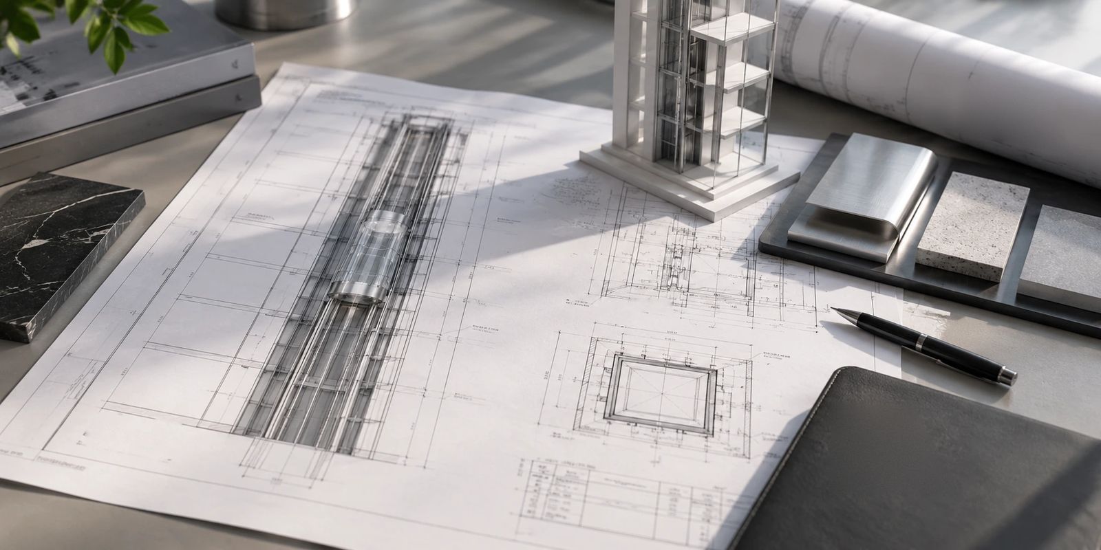 Elevator section drawings, a core model and finish samples on a desk