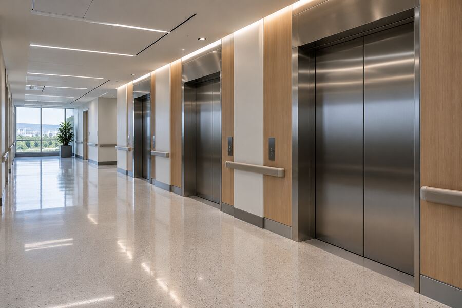 Hospital corridor leading to the elevator lobby