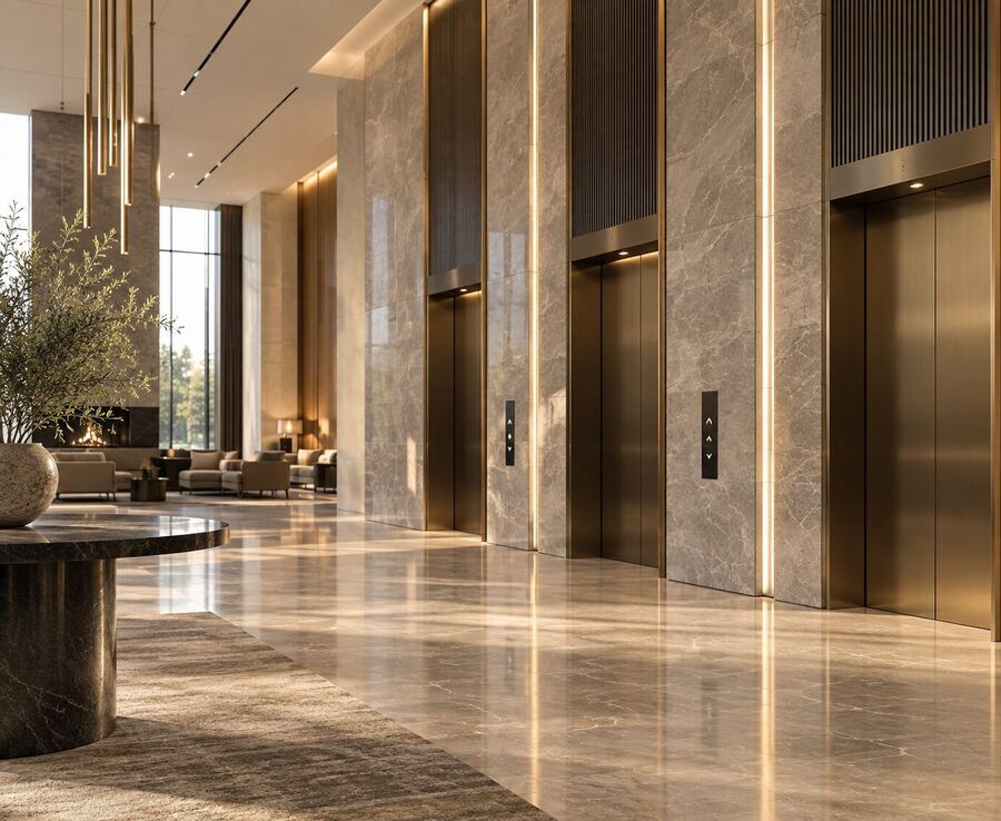 Lobby with elevators and a city view