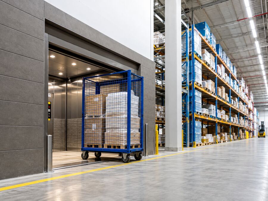 Freight elevator loaded with a caged trolley in a warehouse aisle