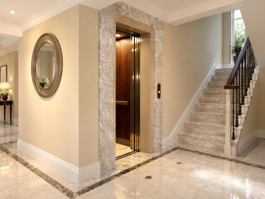 Home elevator with a champagne frame beside a staircase