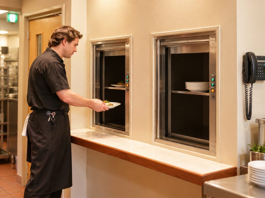 Kitchen staff loading a plate into a dumbwaiter hatch