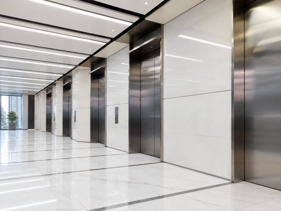 Steel elevator doors along a bright residential corridor